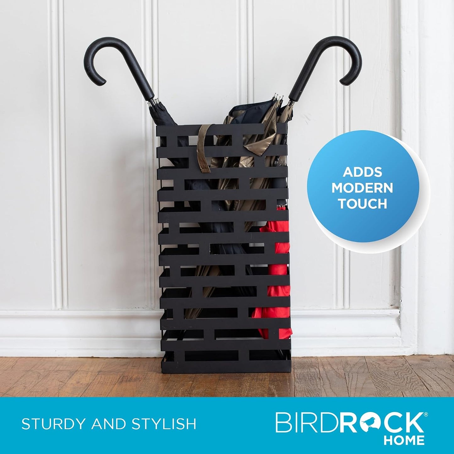 BIRDROCK HOME Decorative Umbrella Stand with Removable Water Tray - Large Freestanding Umbrella Rack and Cane Walking Stick Organizer - Metal Umbrella Holder for Entryway & Indoor Use - Black, Striped | Decorative Large Freestanding Rack and Cane Walking
