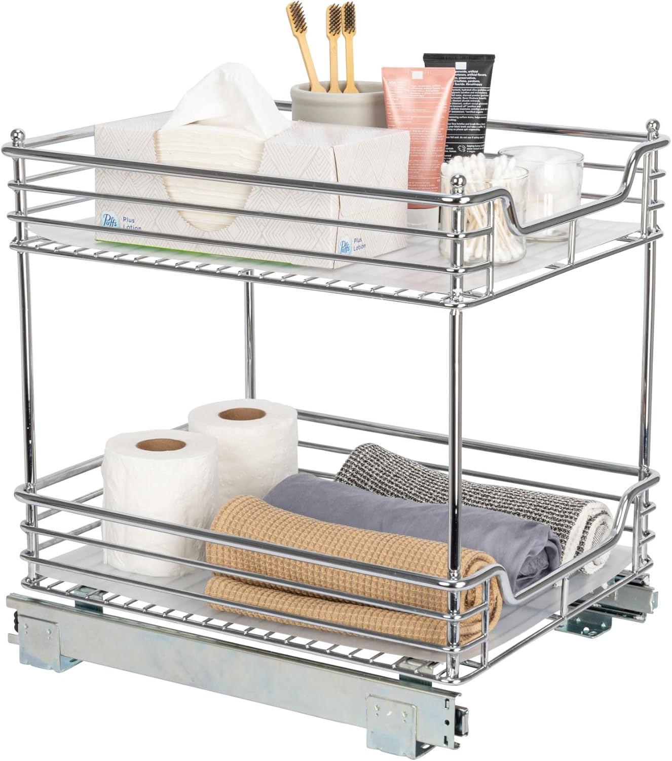 Household Essentials Glidez Multipurpose Chrome-Plated Steel Pull-Out/Slide-Out Storage Organizer for Cookware and Bakeware - 2-Tier Design - Fits Standard Size Cabinet or Shelf, Chrome