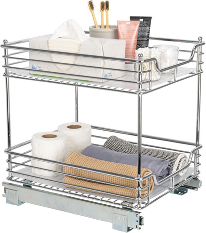 Household Essentials Glidez Multipurpose Chrome-Plated Steel Pull-Out/Slide-Out Storage Organizer for Cookware and Bakeware - 2-Tier Design - Fits Standard Size Cabinet or Shelf, Chrome