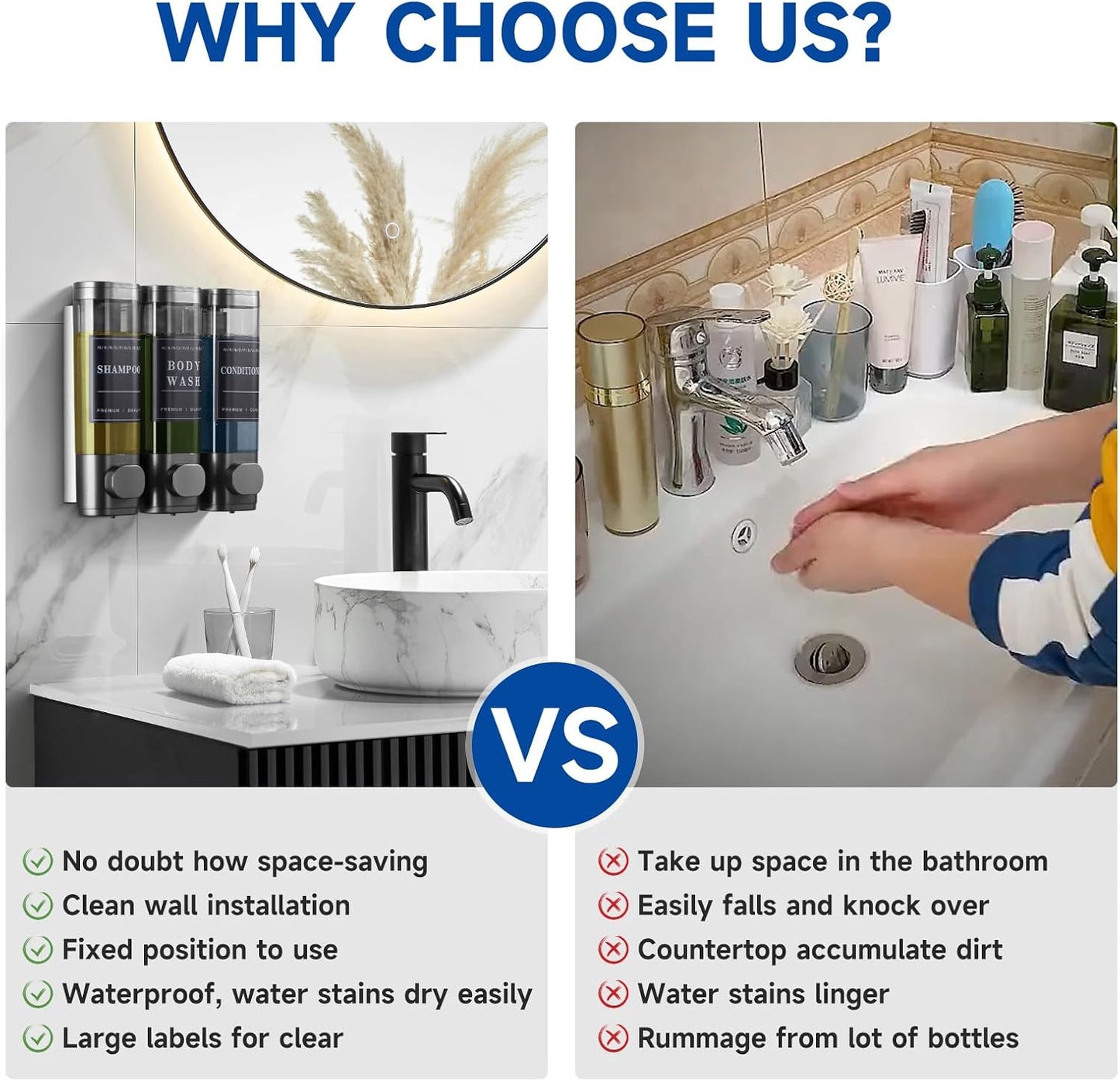 Shampoo and Conditioner Dispenser, Shower Soap Dispenser Wall Mounted, Shampoo Dispenser for Shower Wall No Drill, Bathroom Body Wash Dispenser 3 * 350ml Silver 3 Chamber