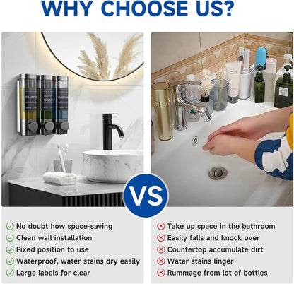 Shampoo and Conditioner Dispenser, Shower Soap Dispenser Wall Mounted, Shampoo Dispenser for Shower Wall No Drill, Bathroom Body Wash Dispenser 3 * 350ml Silver 3 Chamber
