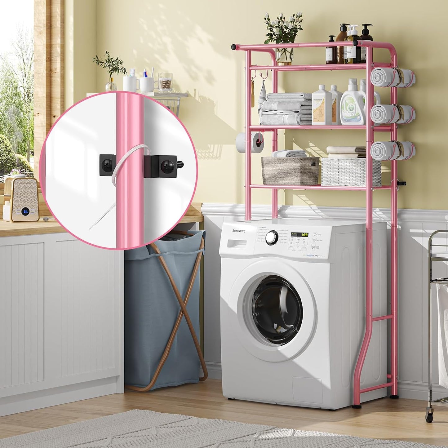 Simple Trending Over The Toilet Storage Cabinet, Metal Bathroom Shelf Organizer with Paper Holder and Hooks, 3 Tier, Black