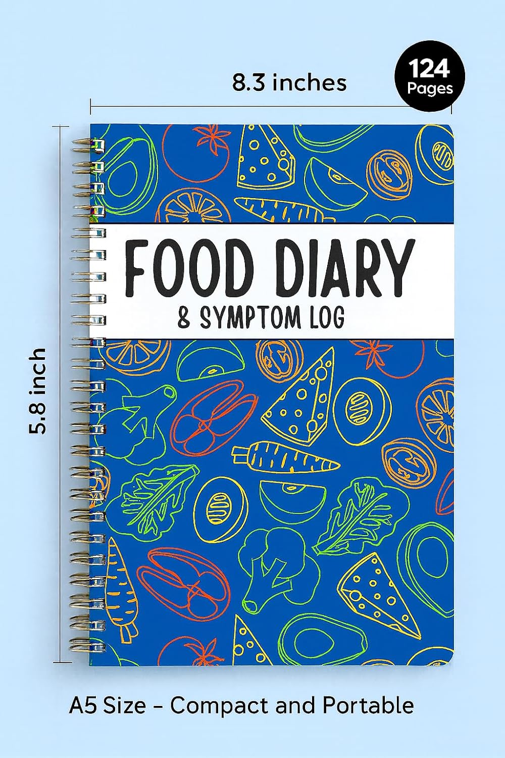 Food Diary & Symptom Log Book – Daily Food Journal & Gut Health Tracker for IBS, Low FODMAP, Allergies & Intolerance – 2-Page Layout for Meals, Sleep, Mood, Bowel Movements, Fiber, Sugar & Blood Pressure – Keto, Paleo, Whole30, A5 Spiral Planner