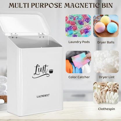 Magnetic Lint Bin for Laundry Room with Brush & Hook - Large Laundry Organizer and Storage, Wall Mounted Trash Can with Lid, Space-Saving Dryer Lint Holder Laundry Room Decor, Black