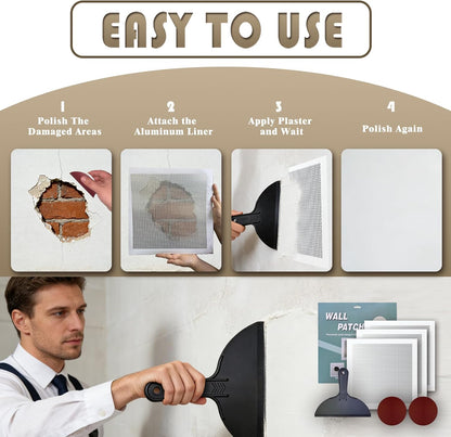 Drywall Repair Kit, 3 Pcs, 12x12in Self-Adhesive Patch with Sandpapers and Scrapers, Quick Fix for Large Holes, Cracks, Ceiling, Bathroom Wall Damage
