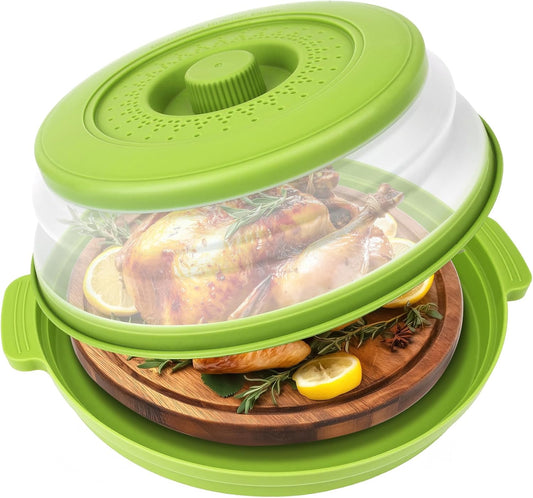 Microwave Splatter Cover Vented for Food,Collapsible Splatter Guard & Colander Kitchen Gadget for Fruit Vegetables,Microwave Lid with Handle Tray,Dishwasher-Safe BPA-Free Silicone & Plastic