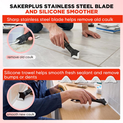Sakerplus 3-in-1 Silicone Caulking Tools,Caulk Remover Tool and Caulk Finishing Tool Kit with Silicone Smoother,Nozzle Needle for Kitchen Bathroom Window Sink (Classic Black)