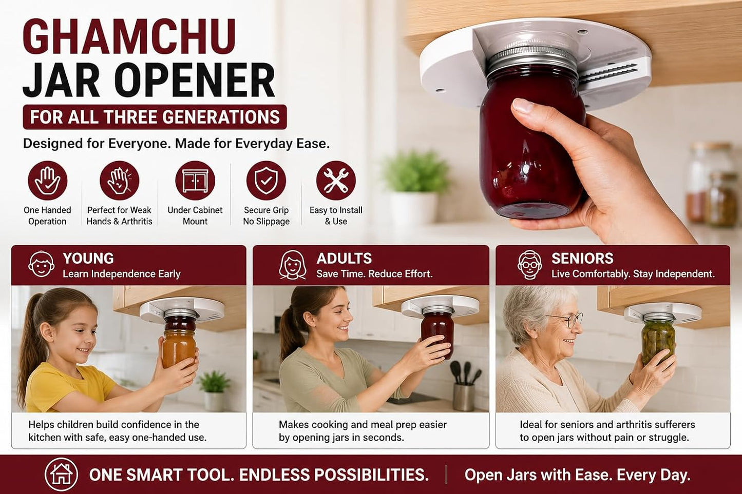 1 Pack Easy Grip Jar Opener for Seniors - Under Cabinet Jar Openers for Weak Hands, Arthritis jar opener, One Handed Gadgets & Bottle Opener - All In One Lid Remover