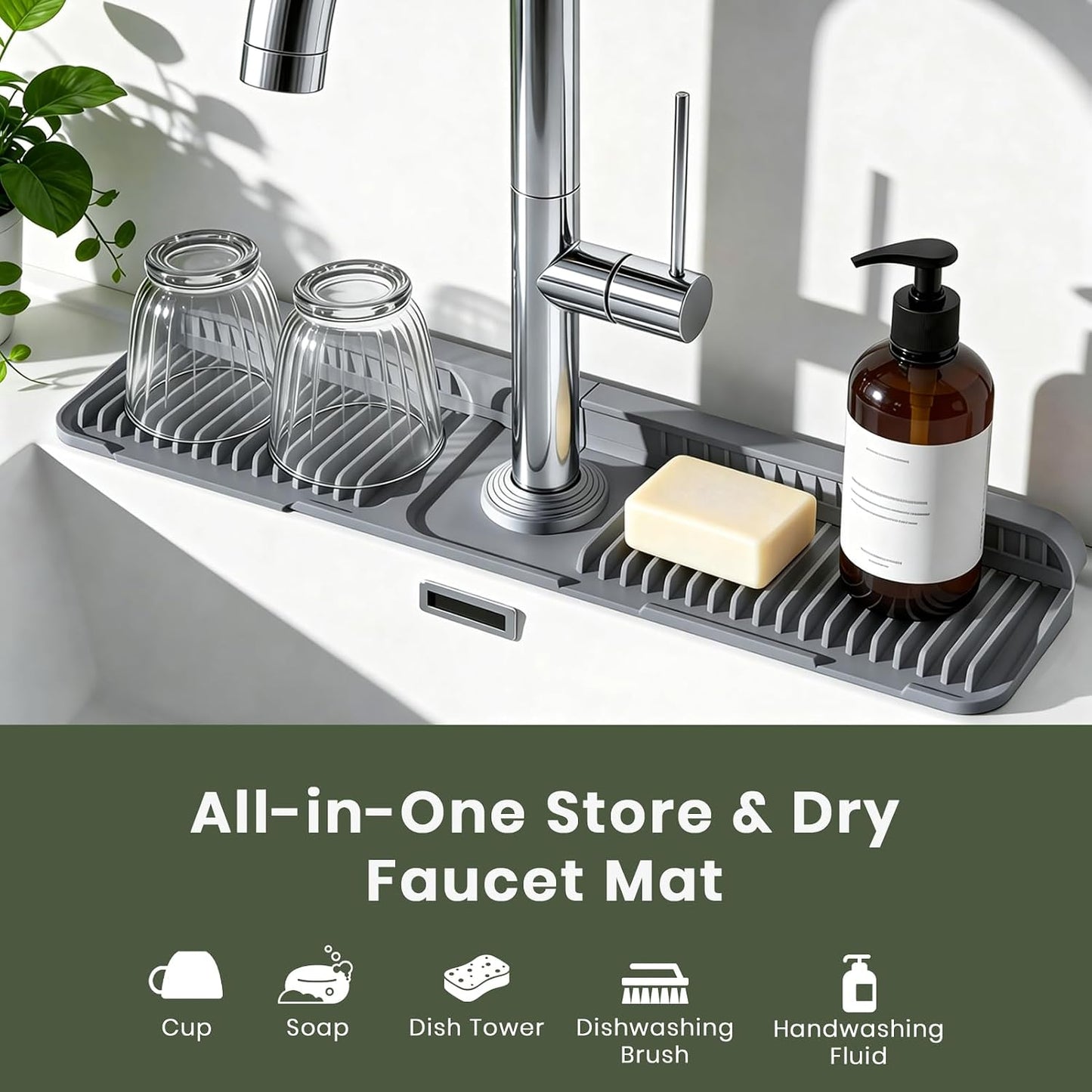 24 Inch Faucet Mat for Kitchen Sink, Silicone Splash Guard for Kitchen Sink Area, 7° Slope Fast Self-Draining Sink Mat, Cuttable Hole Design, Sink Backsplash Guard Draining Mat, Grey