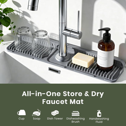 24 Inch Faucet Mat for Kitchen Sink, Silicone Splash Guard for Kitchen Sink Area, 7° Slope Fast Self-Draining Sink Mat, Cuttable Hole Design, Sink Backsplash Guard Draining Mat, Grey