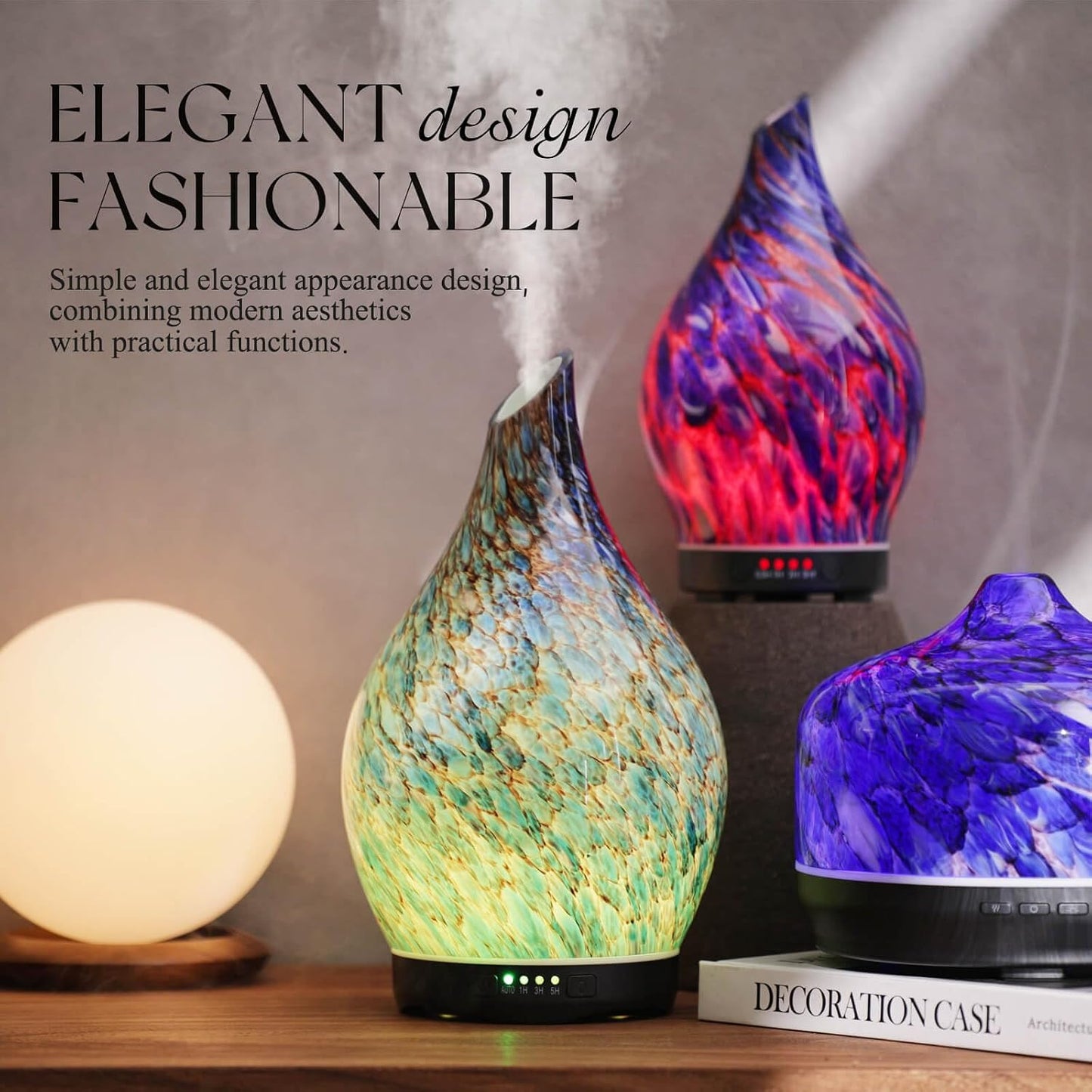 Porseme Oil Diffuser 3D Glass Aromatherapy Ultrasonic Humidifier, Air Refresh Auto Shut-Off, Timer Setting, BPA Free for Home Hotel Yoga Leisure SPA Gift 150ml Last 6H - Colors B