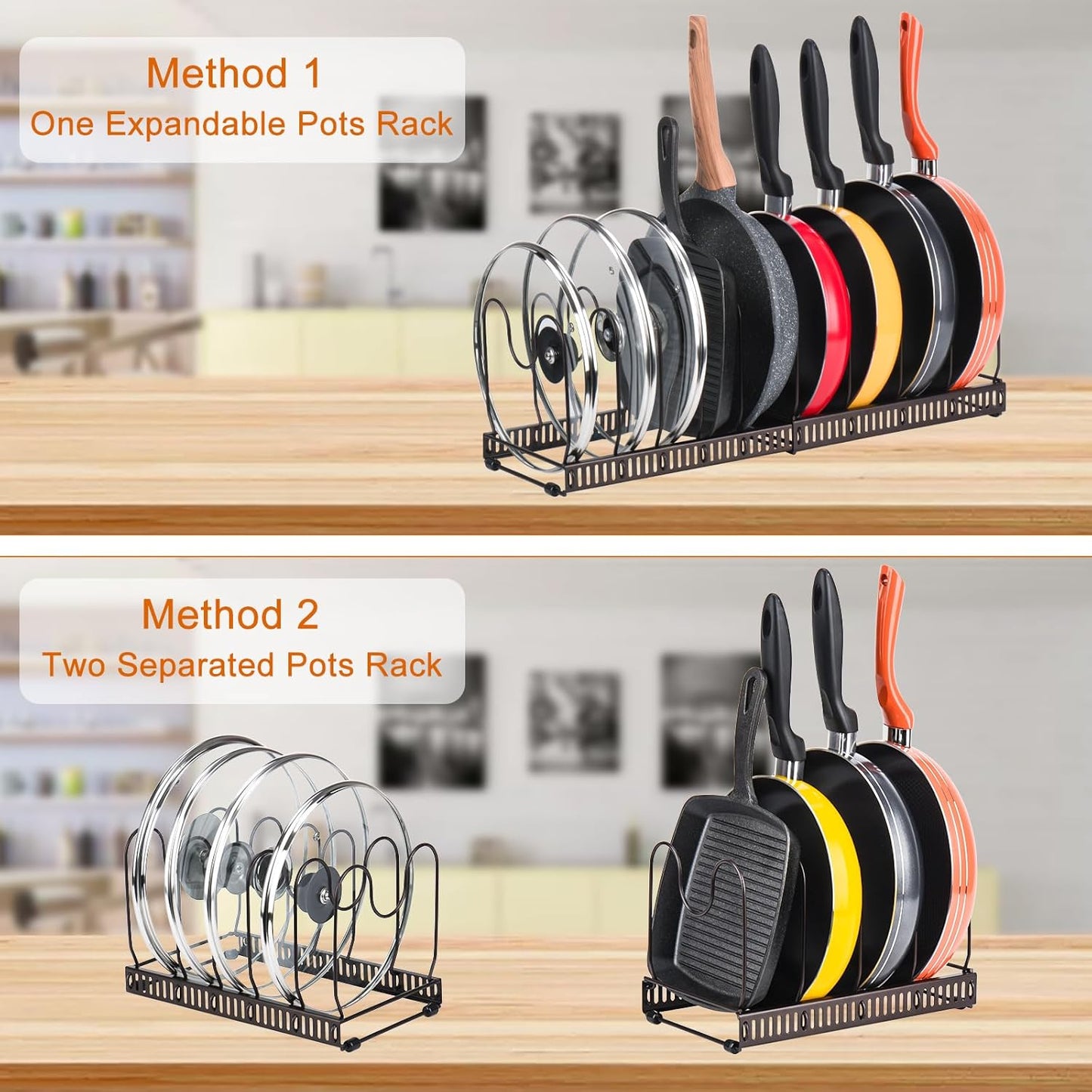 Toplife Pot Lids Organizer Rack for Cabinet and Countertop, 7+ Pan Lids and Bakeware Organizer Rack Holder with 7 Adjustable Compartments - Black