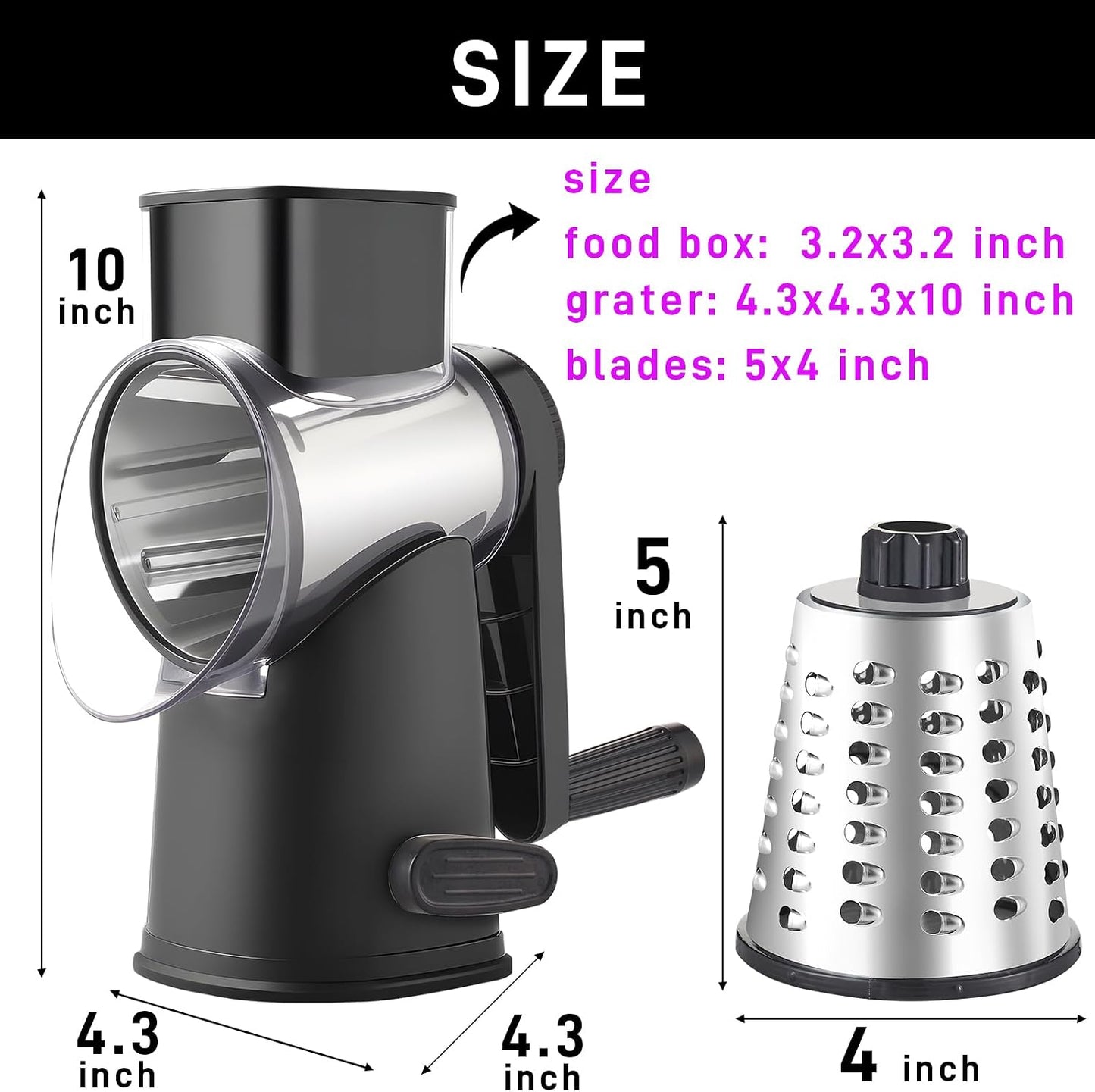 Weltonhm 4 in 1 Large Rotary Cheese Grater Hand Crank (black, 3 Graters) | Cheese Shredder Rotary and Slicer with 4 Stainless Steel Blades for Vegetables, Veggie and Cheese, Stronger Suction Base