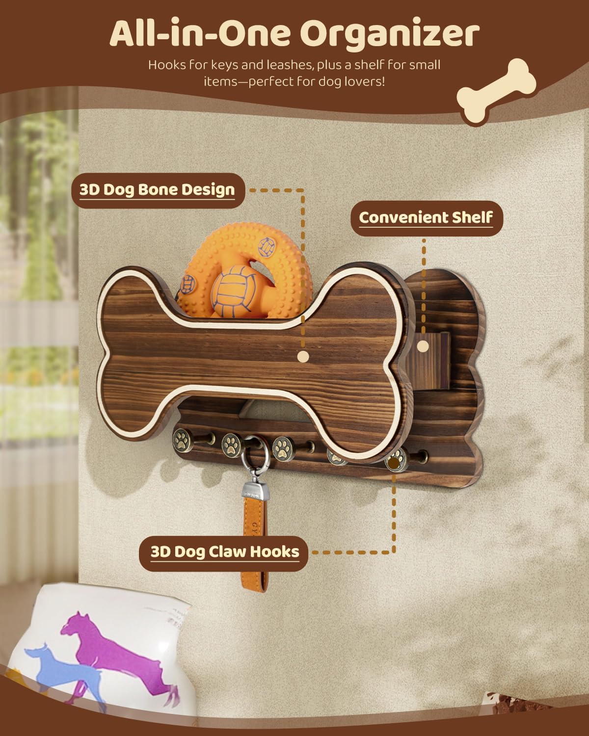 MTERSN Dog Leash Holder for Wall with Key Hooks for Dog Gear Storage, Brown | 3D Puppy Paw Hooks, Doggie Bone Shape, Key Rack with 5 Hooks, Wall Shelf for Treats & Dog Food, Ideal for Wall Decor