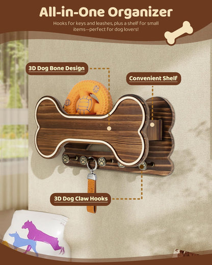 MTERSN Dog Leash Holder for Wall with Key Hooks for Dog Gear Storage, Brown | 3D Puppy Paw Hooks, Doggie Bone Shape, Key Rack with 5 Hooks, Wall Shelf for Treats & Dog Food, Ideal for Wall Decor