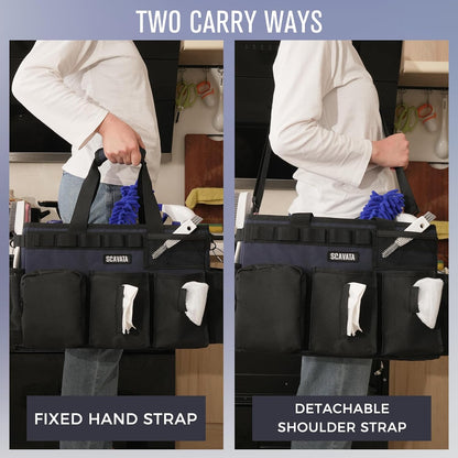 SCAVATA Wearable Cleaning Caddy Bag, Cleaning Caddy Supplies Organizer with Handle & Shoulder Straps for Housekeepers, Under Sink & Car Cleaning Tool Organizers with 4 Foldable Divider (Lake Blue)