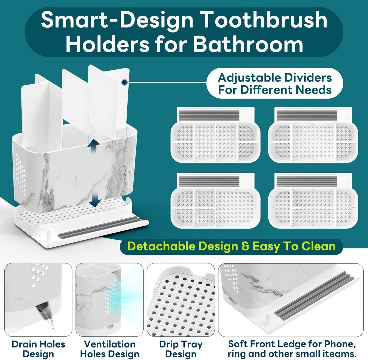 Bathroom Organizers and Storage 6 Slots Wood Grain Electric Toothbrush Holders with Phone Holder and Adjustable Dividers, Cord-Friendly Toothbrush Organizer with Drainage for Family, Kids