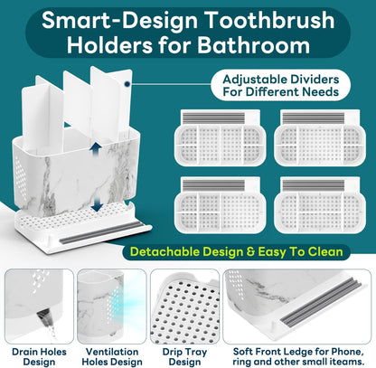 Bathroom Organizers and Storage 6 Slots Wood Grain Electric Toothbrush Holders with Phone Holder and Adjustable Dividers, Cord-Friendly Toothbrush Organizer with Drainage for Family, Kids