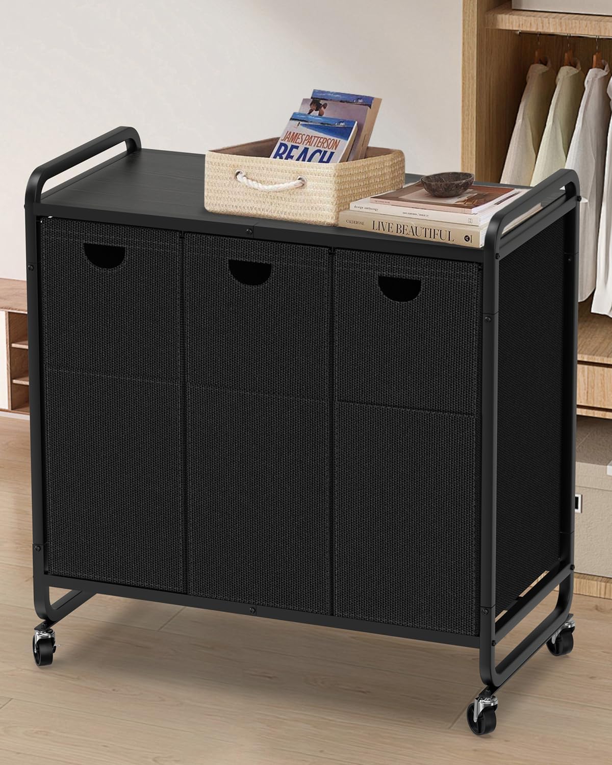 Laundry Sorter 3 Section,Laundry Basket with Wheels,3×15.8 Gal (60L) | Laundry Room Organization with Wooden Desktop Shelf,Pull-Out and Removable 900D Oxford Fabric Laundry Bags for Laundry Room