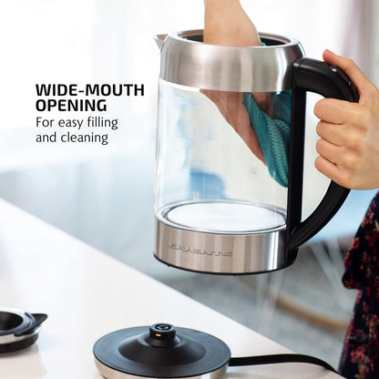 OVENTE 1.8L Glass Electric Kettle Water Boiler, Silver KG751S | 1500W Fast Boiling, Easy Fill Lid, Borosilicate Glass, BPA-Free, Blue LED, Auto Shut-Off, Boil-Dry Protection, Cordless