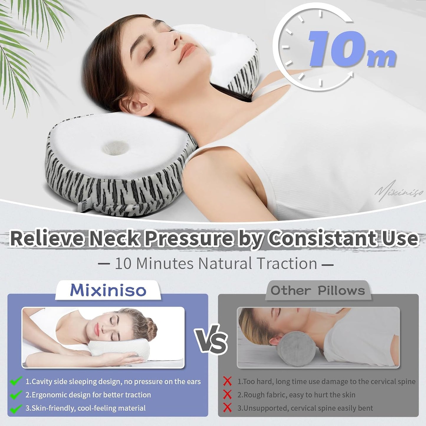 Cervical Neck Roll Pillow, Say Goodbye to Neck Pain, Travel Neck Support Pillow for Side Sleepers, Ergonomic Memory Foam Camping Pillow, Cervical Traction Device with Storage Bag