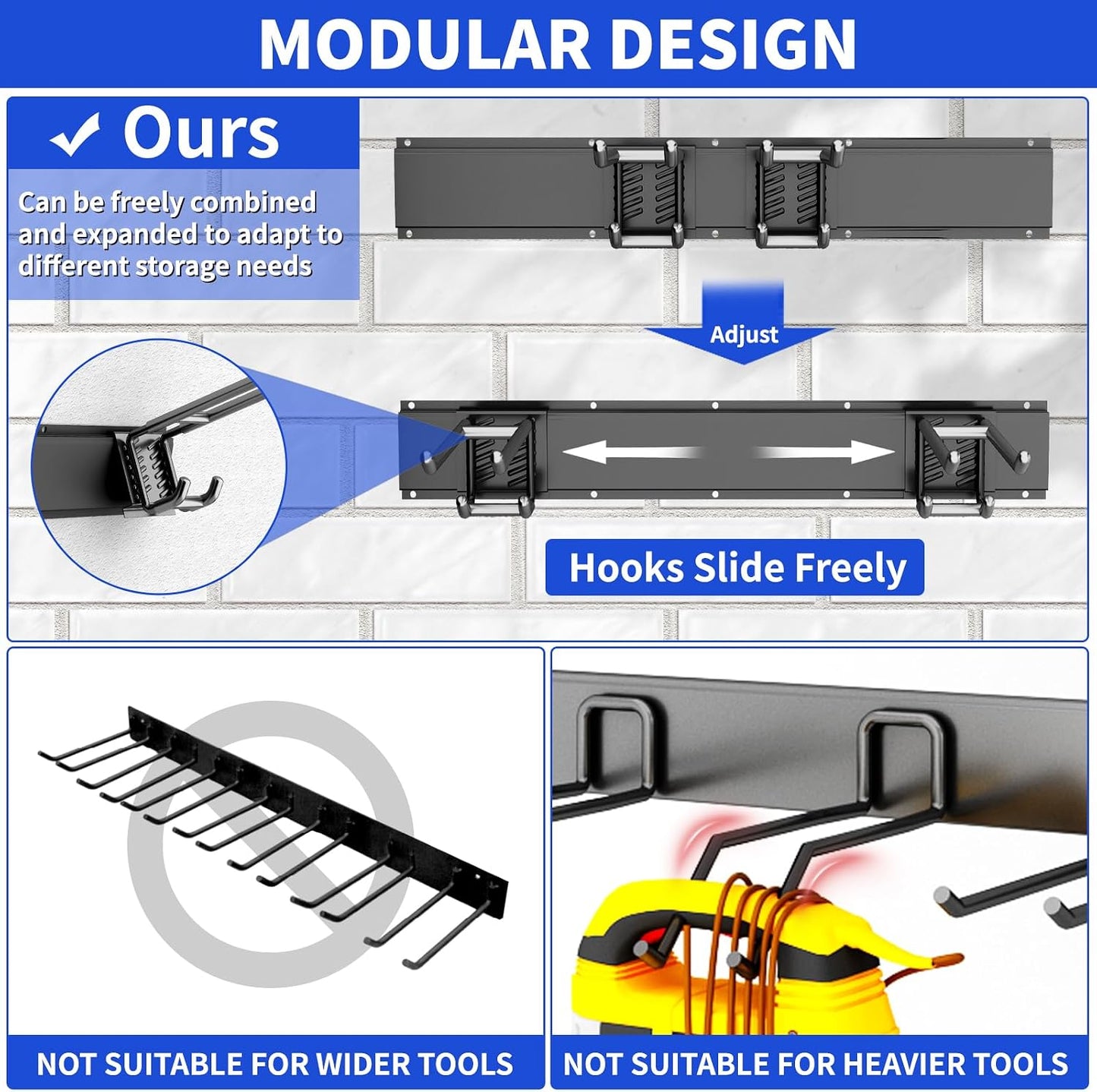 Garage Tool Organizer Wall Mount, 48 Inch Heavy Duty Garden Tool Organizer Storage System, Easy Install with 6 Adjustable Straight Hooks, for Garage, Basement, Shed, Workshop, Black, Steel