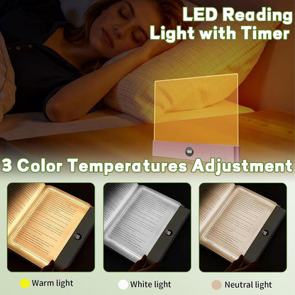 Book Light, Rechargeable Clear LED Flat Book Lights with 3 Colors & Timer | USB Rechargeable Reading Light, Dimmable Panel Plate Lamp Book Full Page Light, Funny Gifts for Readers Kids Women Men(White)