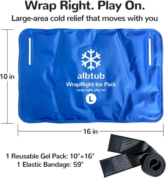 WrapRight Large Ice Pack for Injuries Reusable with Bandage for Knee | Hands-free Cold Therapy, 10"×16" L-Size for Ankle, Leg, Shoulder, Back, Flexible Gel, Dual-sided for Sensitive Skin