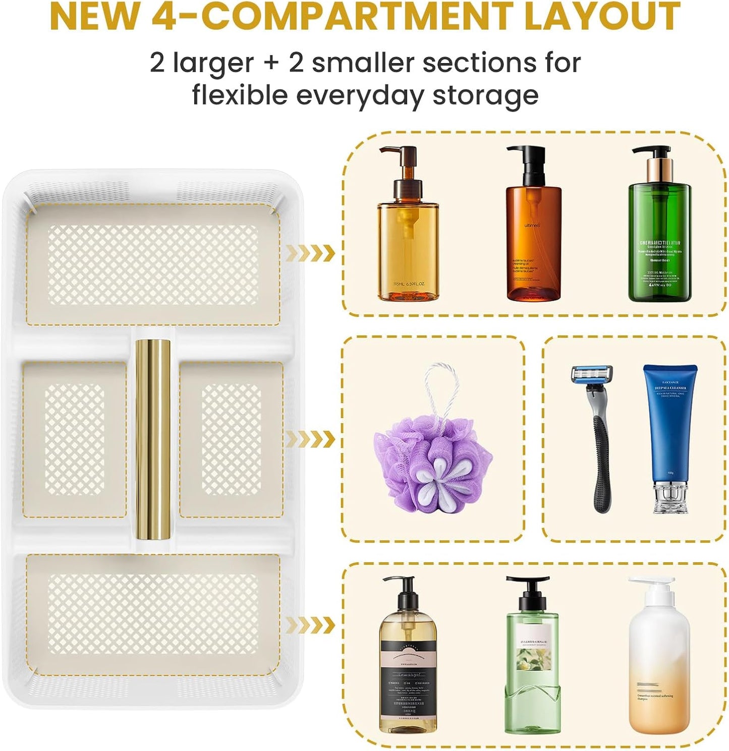 BYUNER Portable Cleaning & Shower Caddy with Handle: Rigid Plastic Basket with 4 Divided Compartments, All-Side Drainage for College Dorm, Bathroom & Utility Use, Black/Gold