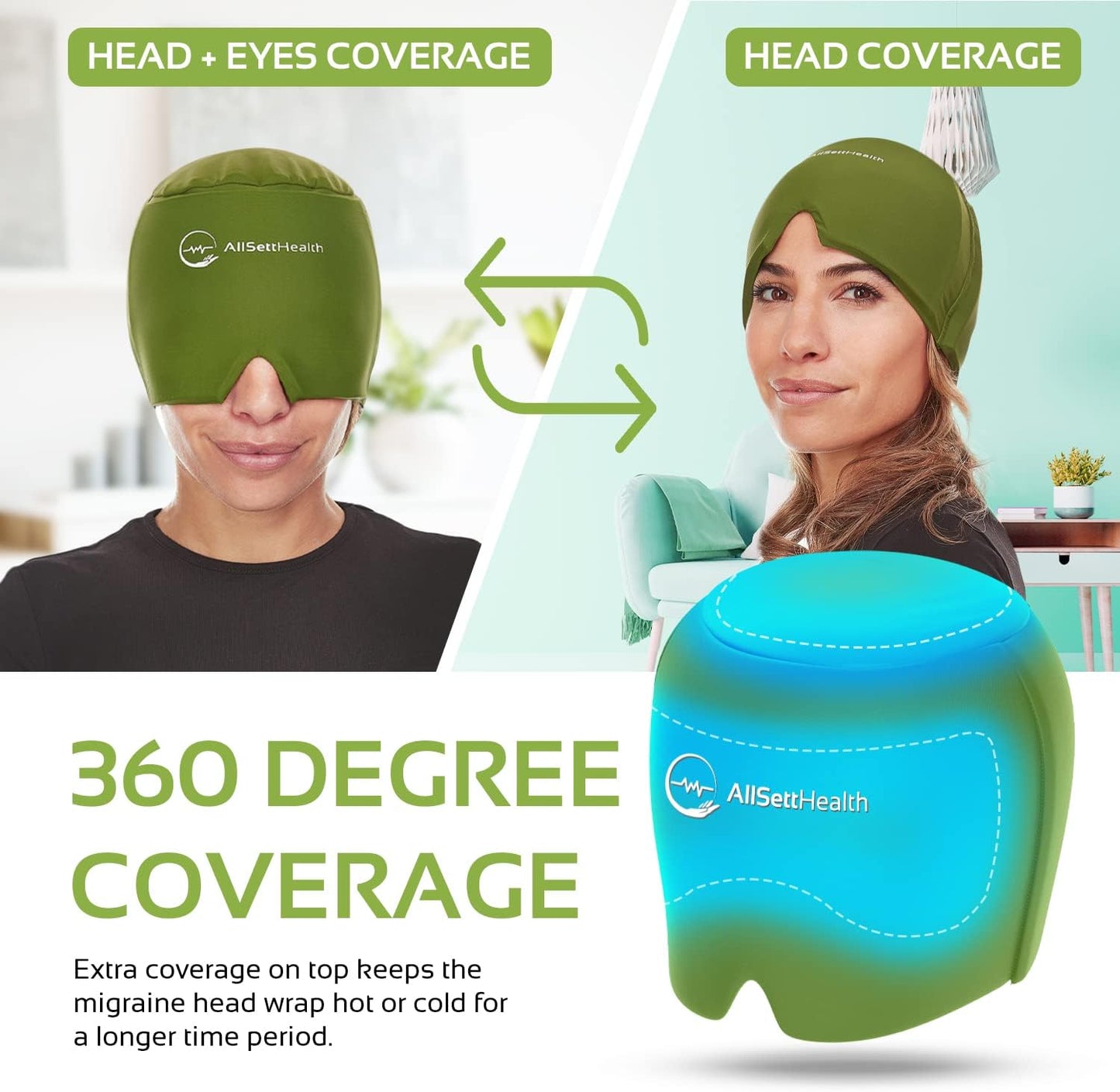 Migraine Relief Cap Ice Head Wrap and Hat | Hot/Cold Gel Pack with Face and Eye Mask Compress for Headache Relief - Black