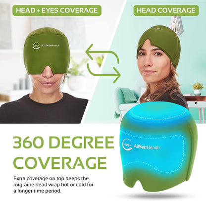 Migraine Relief Cap Ice Head Wrap and Hat | Hot/Cold Gel Pack with Face and Eye Mask Compress for Headache Relief - Black