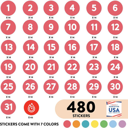 Andaz Press Colorful 7 Days of Week Stickers, Day Week Calendar Stickers for Adults Planner Day Dots Food Labels for Food Containers Date Calendar Planner Stickers Week Day Sticker Labels, 480-Pack