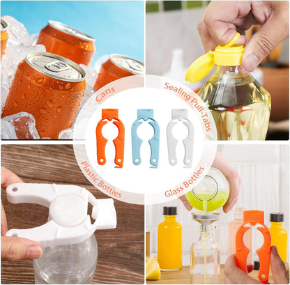 6-Pack Plastic Bottle Cap Opener, 3-in-1 Multi-Purpose Gripper Water Bottle Opener for Arthritic Hands, Easy-Twist Jar Opener Tool for Kitchen, Camping & Outdoor Use (Orange, Blue, White)