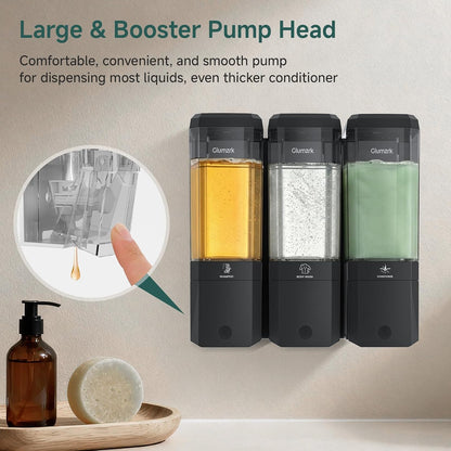 Shampoo and Conditioner Dispenser 3 Chamber No Drill Shampoo Dispenser for Shower Wall Mounted Shower Soap Dispenser 3 * 500ml Refillable Shower Dispenser for Bathroom Hotel(Black 3 Chamber)