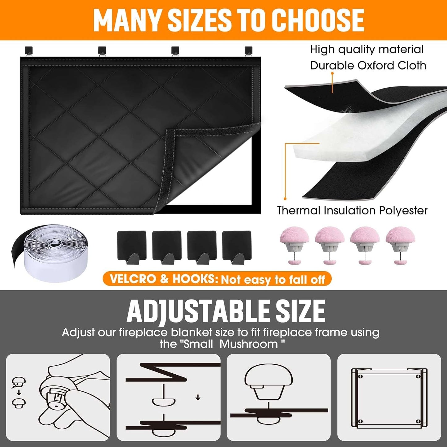 Fireplace Draft Cover, Fireplace Blocker Blanket with Hook and Loop Tapes, Indoor Fire Place Draft Stopper for Heat Loss Insulation Black 39" W x 32" H