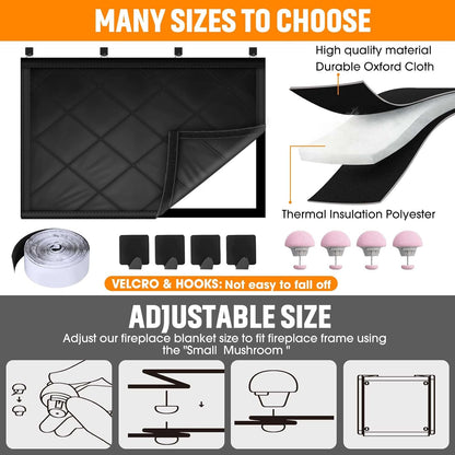 Fireplace Draft Cover, Fireplace Blocker Blanket with Hook and Loop Tapes, Indoor Fire Place Draft Stopper for Heat Loss Insulation Black 39" W x 32" H