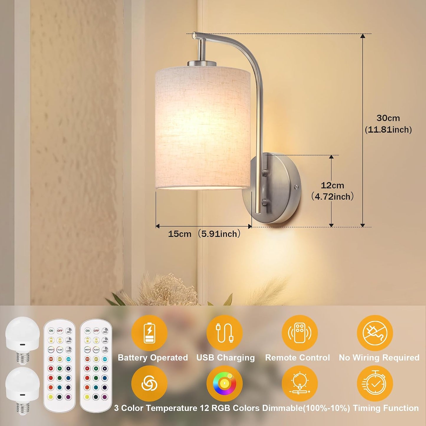MATAMEYE Battery Operated Wall Sconce Set of 2, Black Rechargeable Wireless Wall Light Fixture with Remote, 12 RGB Colors & Timer, Indoor Dimmable Wall Lamp with Linen Shade