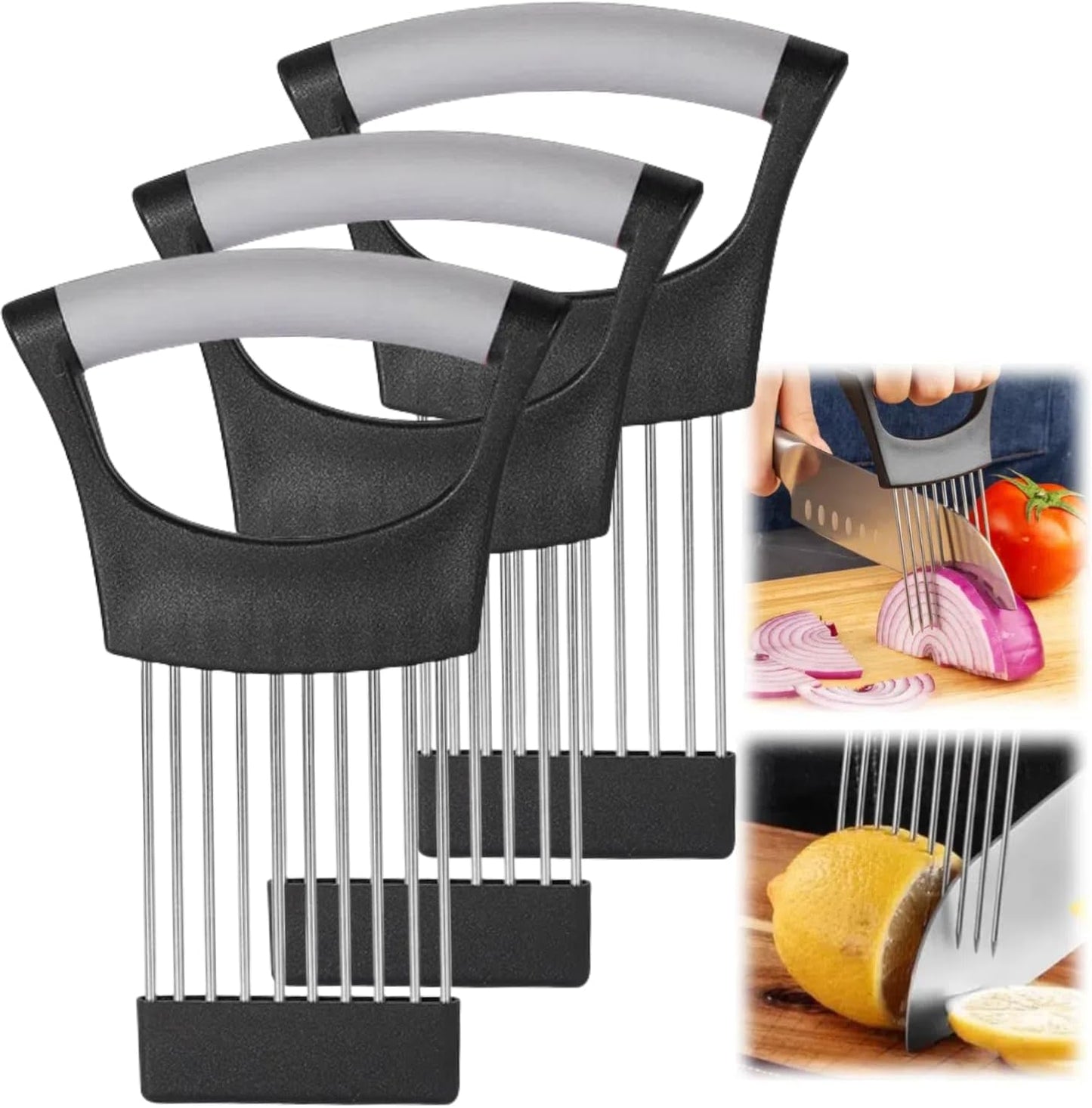 Onion Slice Holder, 2024 New Stainless Steel Holder for Slicing, Chopper Assistant Tool, Cutter for Meat, Onion, Potato, Tomato Kitchen Gadgets (Black, 2 Pack)