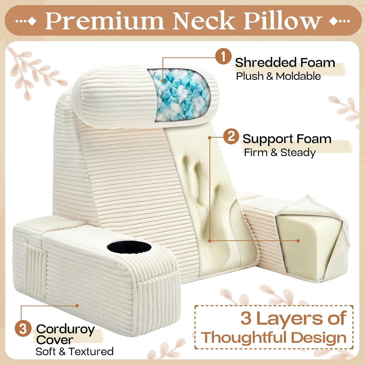 Reading Pillow/Backrest Pillow with Arms, Cup Holder & Phone Pocket