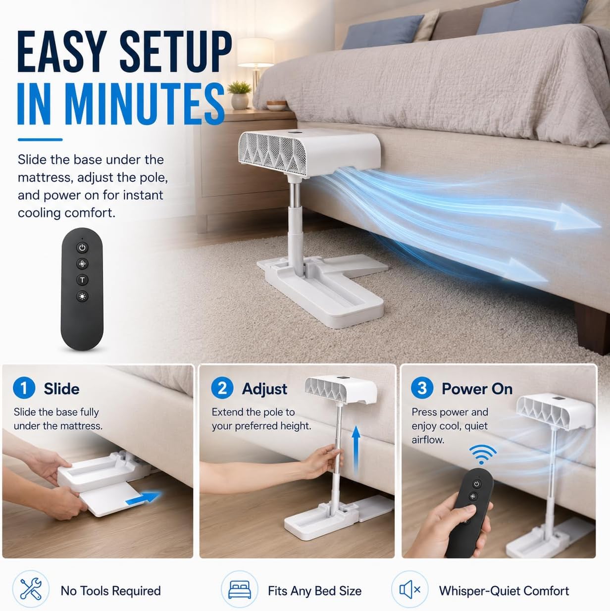 Bed Fan Under Sheets, Rechargeable Bed Cooling System With 5 Speeds Remote Control, Adjustable Height Mattress Fan For Under Blanket, Quiet Cordless Airflow For Hot Sleepers