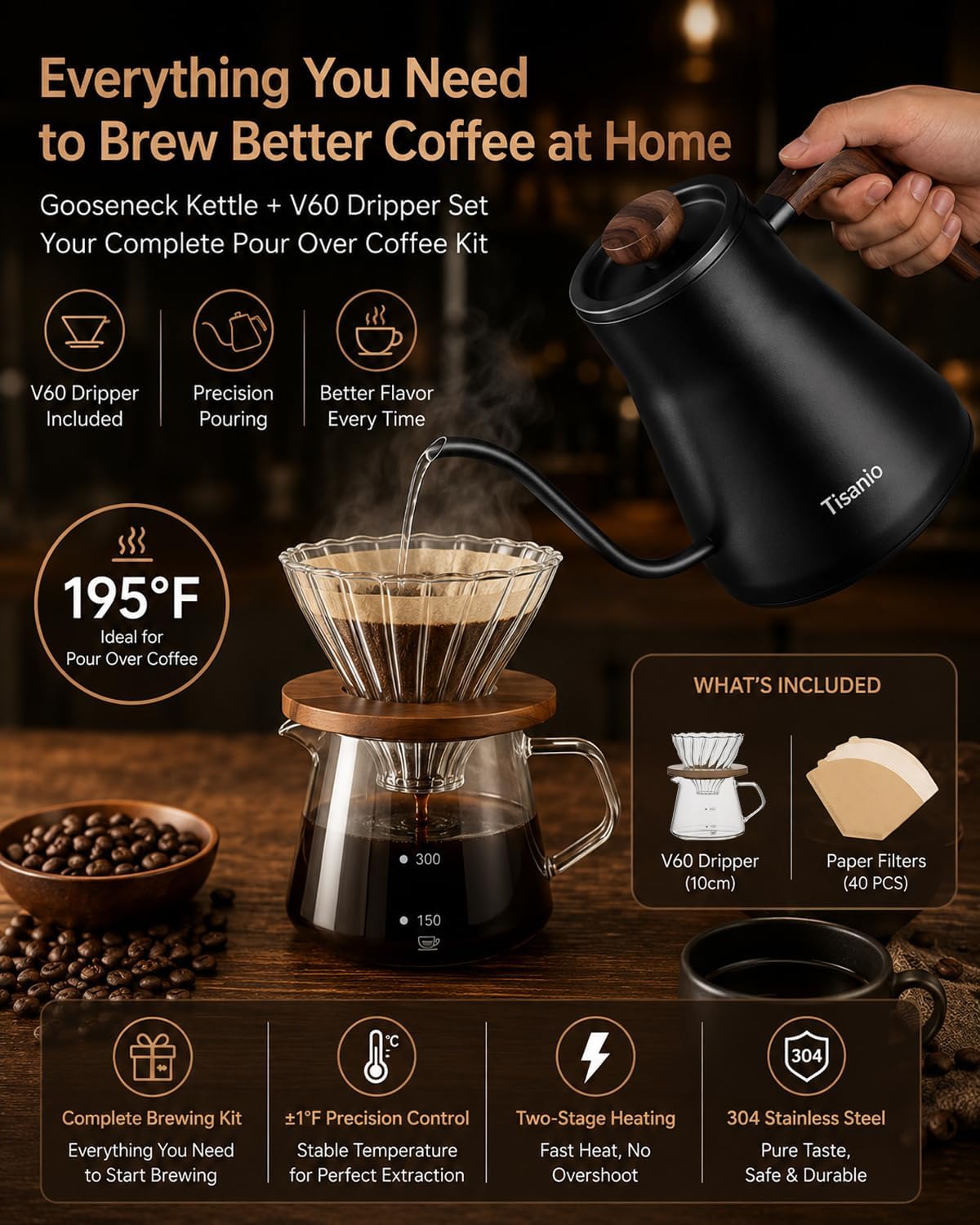 Gooseneck Electric Kettle with Temperature Control, 0.9L, Black | ±1°F Precision Pour Over Kettle, LCD Dual Display, Smart Two-Stage Heating, 2H Keep Warm, 304 Stainless Steel Interior