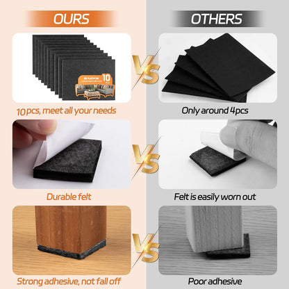 Felt Furniture Pads 10pcs 8" x 6" Adhesive Large Felt Pads, Cuttable | Chair Leg Pads, Hardwood Floor Protectors for Furniture, Black
