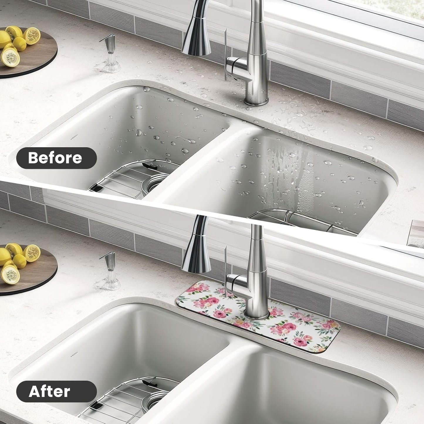 Wildflowers Floral Flower Kitchen Sink Splash Guard Faucet Mat Super Absorbent Fast Drying Mat Sink Gadgets-Fast Drying Pad Sink Mat For Kitchen Bathroom (15" X 5.5" )