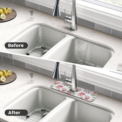 Wildflowers Floral Flower Kitchen Sink Splash Guard Faucet Mat Super Absorbent Fast Drying Mat Sink Gadgets-Fast Drying Pad Sink Mat For Kitchen Bathroom (15" X 5.5" )