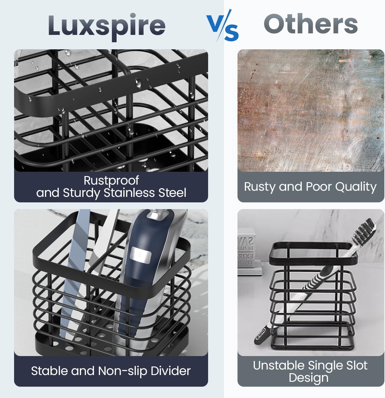 Luxspire Toothbrush Holders for Bathroom, Stainless Steel, 6 Slots, Black | Toothbrush Holders With Drainage, For Bathroom Countertop & Kitchen Sink, Bathroom Accessories