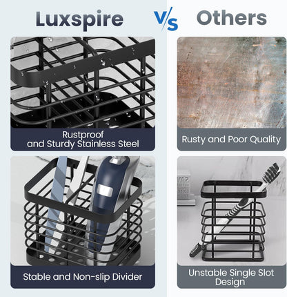 Luxspire Toothbrush Holders for Bathroom, Stainless Steel, 6 Slots, Black | Toothbrush Holders With Drainage, For Bathroom Countertop & Kitchen Sink, Bathroom Accessories