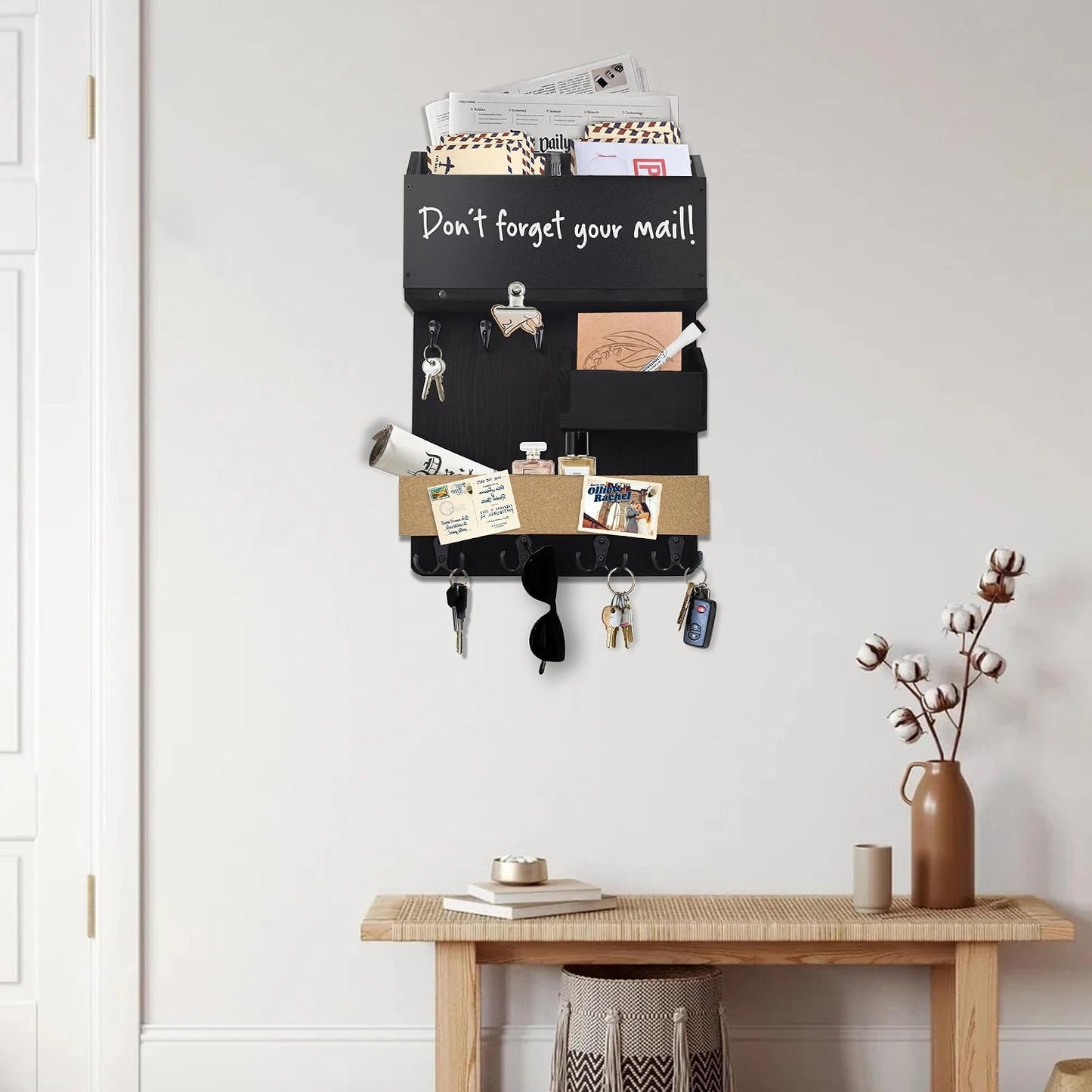 Key Holder for Wall Mount with Shelf and Mail Organizer, Key and Mail Holder with 16 Hooks, Farmhouse Entryway Organizer, Home Decor Rack (Pine Wood, White Washed)
