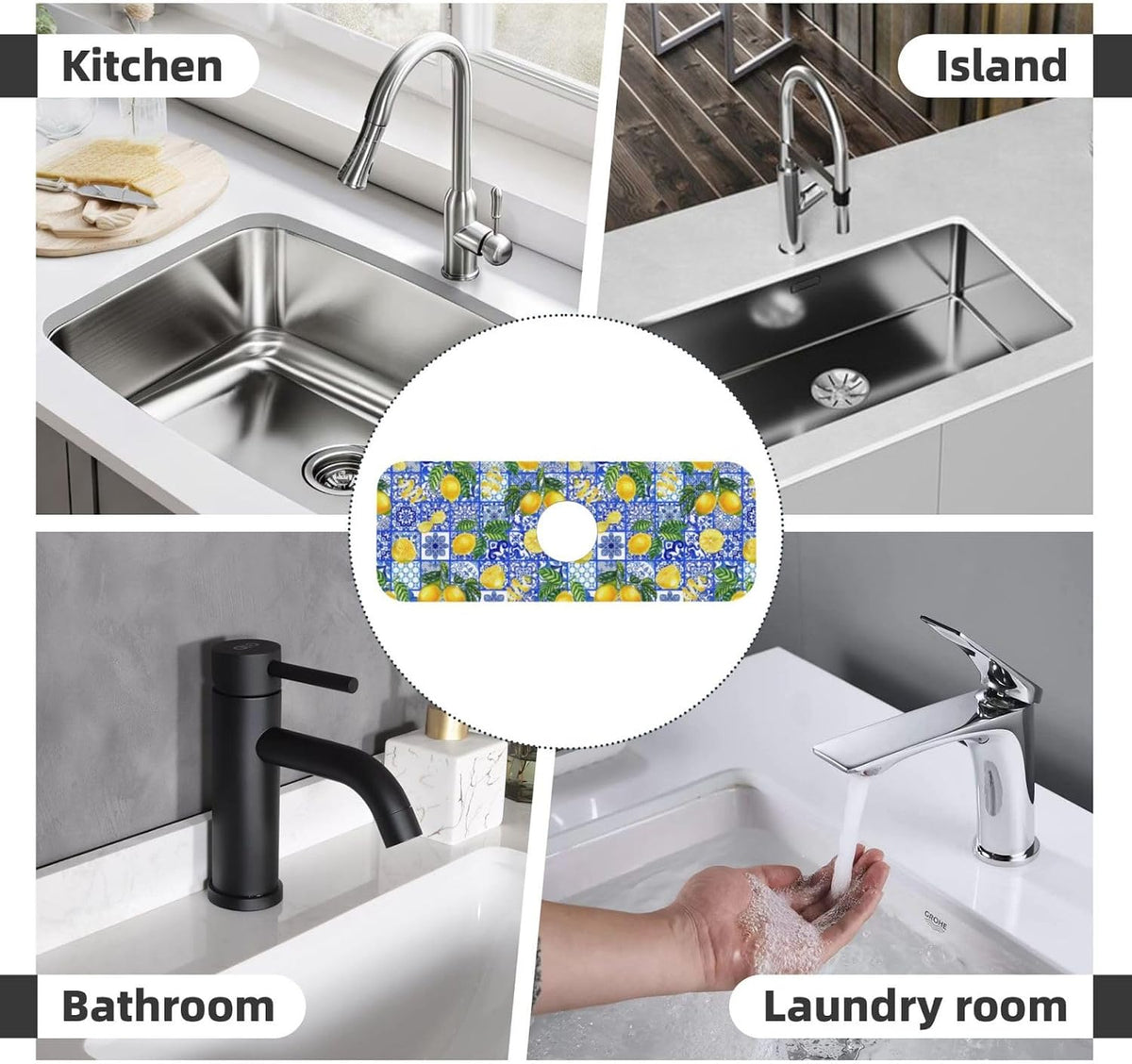Aquamarine Blue Mexican Tiles Faucet Splash Guard Mat for Kitchen Sink 15x5.5" - Colors B