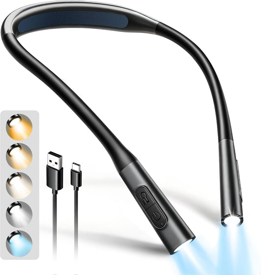 Glocusent Neck Book Light, Rechargeable Neck Lights for Crafts Reading | 1200mAh, Hands Free, 5 Colors, 5 Brightness, Lightweight, Book Lovers Gifts, Ergonomic, Bendable, Knitting, Repairing, Reader