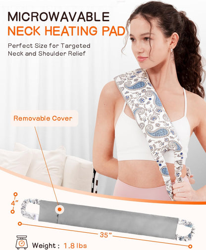 Heating Pad for Neck and Back, Extra Long Microwavable Weighted Moist Heat Pack, Reusable Neck and Back Wrap for Sore Muscles & Stress Relief